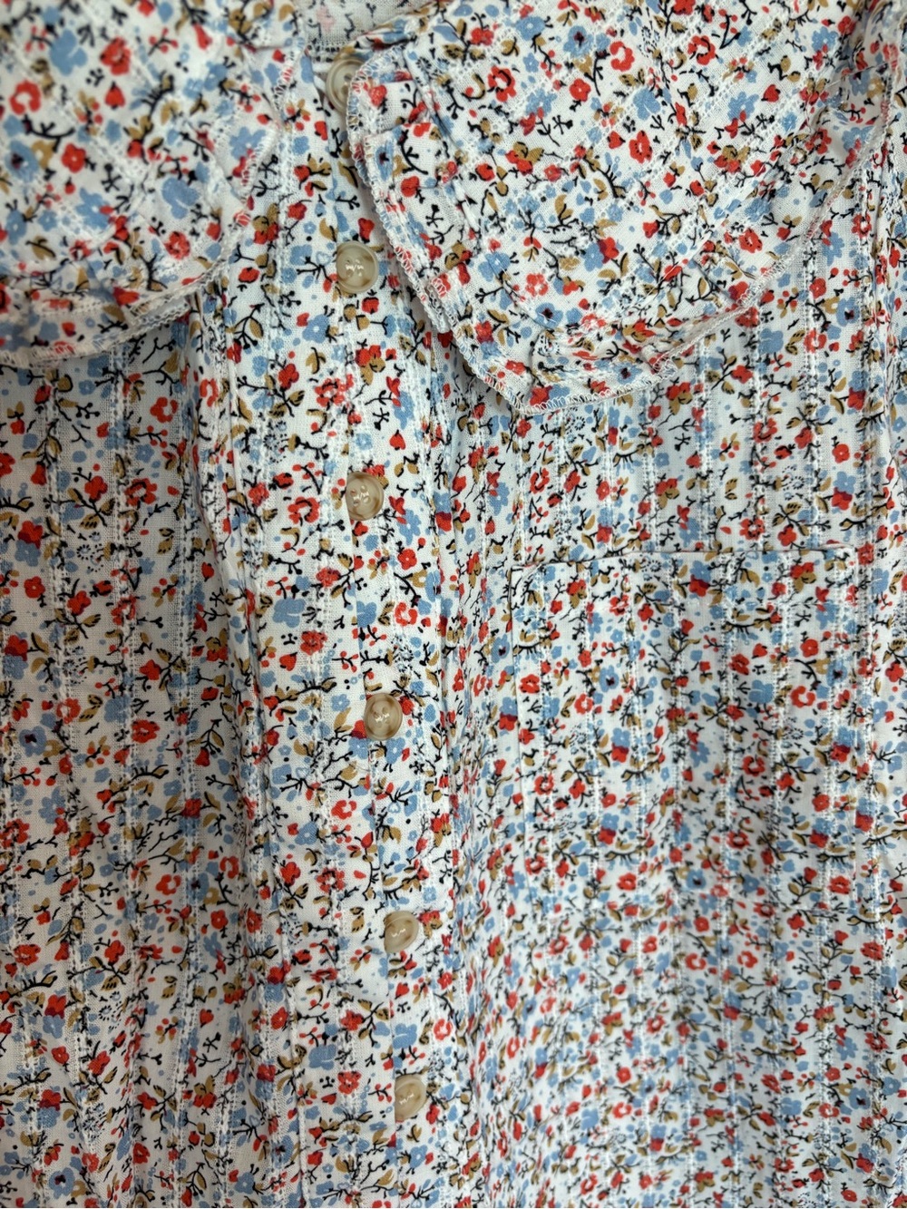 Women’s Floral Peter Pan Collar Top - White with Red & Blue Flowers - Picture 2 of 4